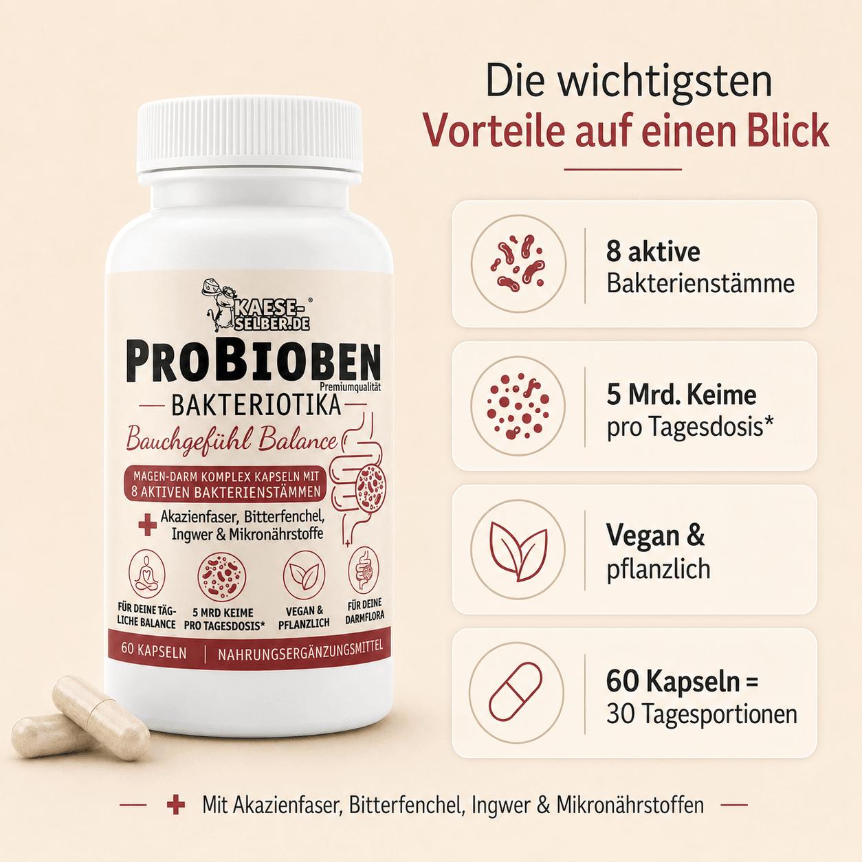 PROBIOBEN Bakteriotika Bauchgefühl Balance Kapseln mit 8 Bakterienstämmen und Mikronährstoffen